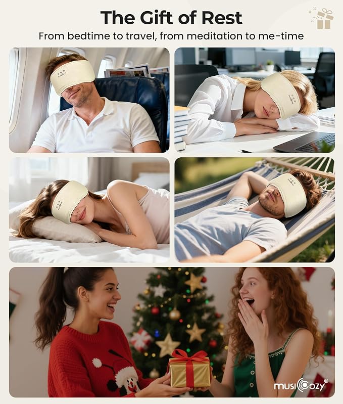 MUSICOZY Bluetooth 5.4 Sleep Headphones Eye Mask with Seaweed Fiber Cotton, Ultra Soft Fully Wrapped Sleep Mask with Headphones for Side Sleepers, 14 Hours Playtime, Gifts for Men Women, Beige