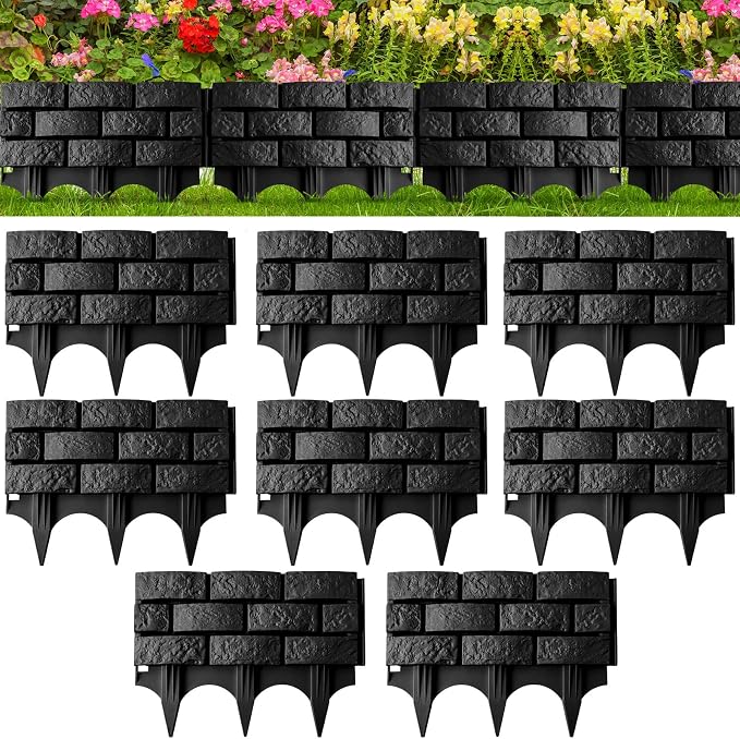 8 Pcs Black Imitation Stone Garden Fence, Faux Stone Retaining Wall Look Garden Bricks Border with Ground Stakes, 17.3 x 12.6 in Plastic Edging Blocks for Flower Beds, Lawn, Mulch