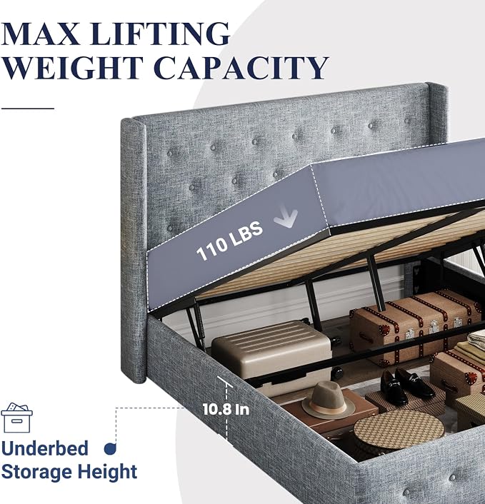 Allewie Queen Size Lift Up Storage Button-Tufted Bed Frame Blue Grey | Modern Wingback Headboard, Hydraulic Support Storage, No Box Spring Needed