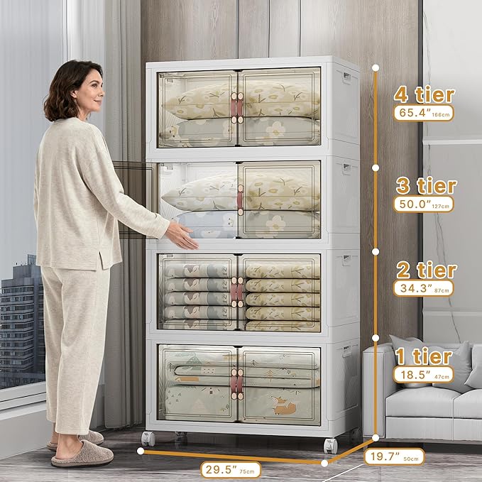 700QT Stackable Storage Bins with Lids, Storage Cabinet with Wheels | Clear Doors Lockable Storage Bins Collapsible Closet Organizer for Space Saving Easy Assembly Extra Large Capacity Heavy Duty