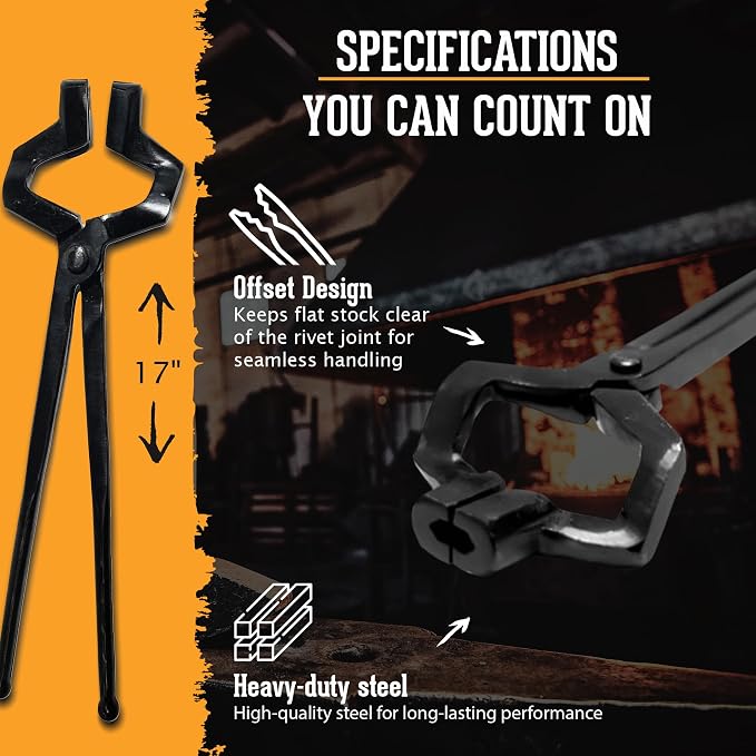 Offset Z-Type Blacksmith Tongs (17", Black) - Blacksmith Tools and Forging Tools for Beginner & Professional Blacksmithing - Durable Steel, Ergonomic Grip and Versatile