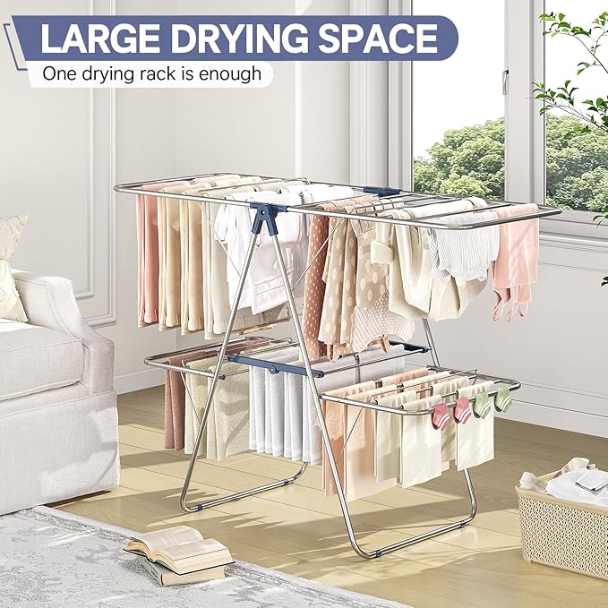 APEXCHASER Clothes Drying Rack with 4 Wings, Stainless Steel Drying Rack Clothing with Height-Adjustable, Foldable Gullwings Laundry Drying Rack, Indoor Outdoor Use, No Assembly, Regular Blue