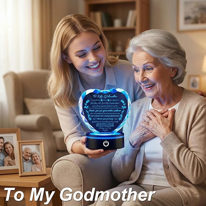 Gifts for Godmother with Colorful LED Base Heart Crystal Plaque Godmother Gift Idea from Goddaughter Godson for Mothers Day, Christmas, Birthday, Thanksgiving,Retirement