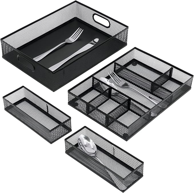 Neudeco Desk Drawer Organizer, 4 Pack Metal Mesh Drawer Organizer Set with Adjustable Dividers, Stackable Pen Organizer for Desk Drawer, Office Supplies Organizer, Black