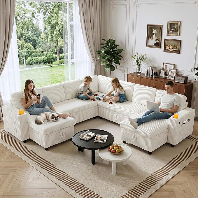 Oversized U-Shaped Sectional Sleeper Sofa for Living Room, Beige | Modular Design, Pull Out Bed, Hidden Storage Space, Soft Corduroy, USB Charging, Cup Holders, Easy Assembly