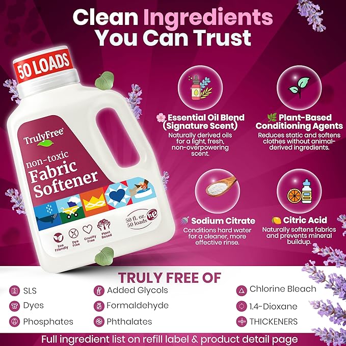 Truly Free Natural Fabric Softener | Non-Toxic for Babies & Kids Sensitive Skin | Plant-Based Laundry Softening Conditioner | Safe, Gentle & Chemical-Free | Signature Scent | 4 Pack Refill