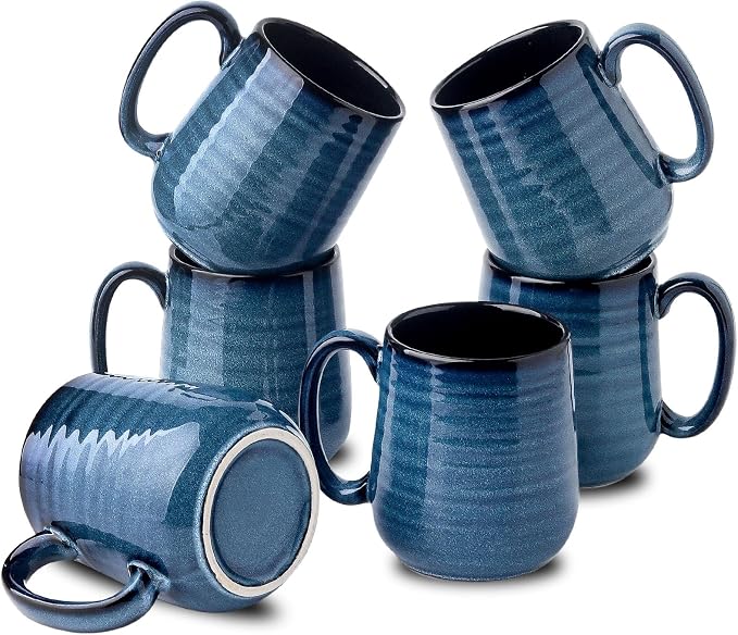 HASENSE Coffee Mugs, 12 Ounce Ceramic Coffee Mug Set of 6, Reactive Glaze Tea Cups with Handle for Milk, Hot Cocos, Latte, Stylish Blue Cup Gift for Man and Women, Dishwasher and Microwave Safe