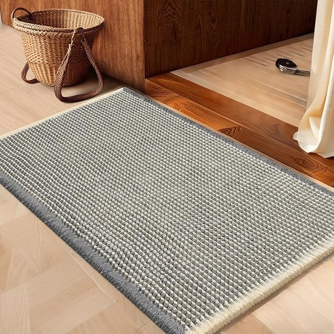 IM HOME Waffle Bath Mat Grey & Beige 24"x17",Boho Woven Modern Bath Mat Rugs, Absorbent Non Slip Bathroom Rugs, Soft Washable Bath Rugs with Tassels for Bedroom, Kitchen, Shower, Tub
