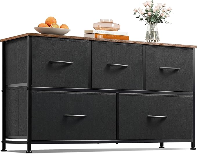 WLIVE Dresser for Bedroom, 5 Drawer Fabric Dresser, Black and Rustic Brown | 5 roomy fabric drawers, Wide storage design, Bedroom or closet use, Chest of drawers, Smooth wood tabletop