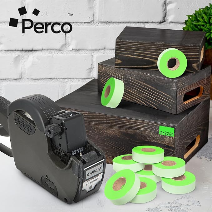 Perco Fluorescent Green Price Marking Labels - 11,000 Blank Labels for Garvey Contact 22-6/22-7/22-8 Price Gun with Ink Roll Included - 9 Rolls, 1 Sleeve - Made in USA