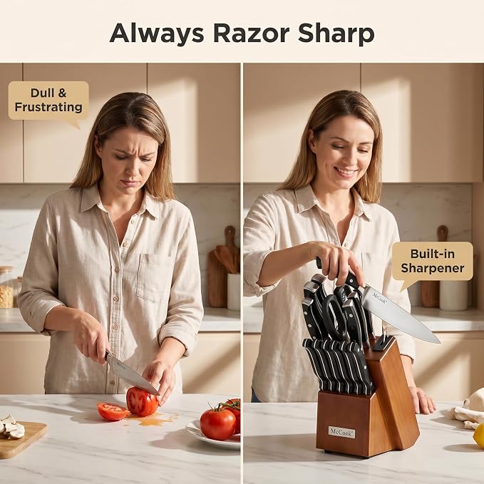 McCook Kitchen Knife Set 15PC Knife Block Set w Built-in Sharpener | German Forged Stainless Steel,Razor Sharp,Non-Stick&Anti-Rust,Triple Rivet,Ergonomic Handles,Full Tang,Gift Box