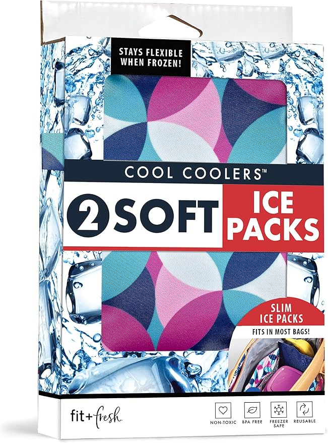 Fit&Fresh Cool Coolers Soft Ice for Lunch Bags,Flexible Stretch Nylon,Durable,Reusable Lunch Box Ice Packs,Soft_Ice,Reusable Freezer Packs,Lunch_Ice,Easy to Clean,Geo&Navy,2 Count (Pack of 8)