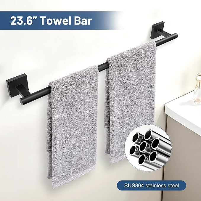 TURS 5-Pieces Matte Black Bathroom Hardware Set 23.6 Inch SUS304 Stainless Steel Towel Bar Set Wall Mounted Bathroom Accessories Set