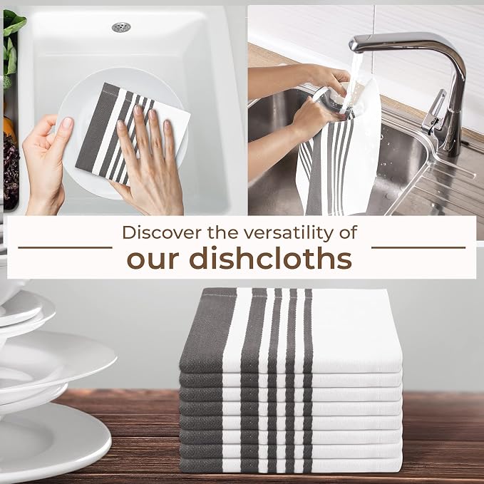 Urban Villa Kitchen Towels Cotton Dish Towels 12”x12” (Set of 8) Grey White