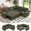 L Shaped Sectional Sleeper Sofa, Pull Out Couch with Storage, Green | Pull Out Bed, 5 Seat Modular Design, Soft Corduroy Fabric, USB Charging, Cup Holders, Removable Covers, Easy Assembly