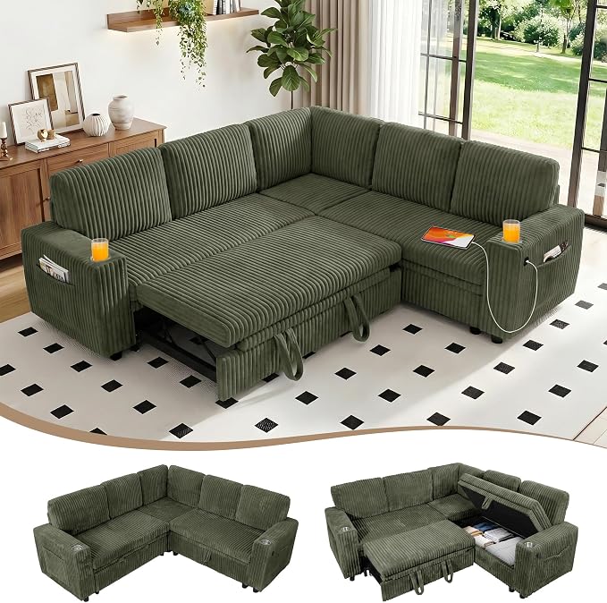 L Shaped Sectional Sleeper Sofa, Pull Out Couch with Storage, Green | Pull Out Bed, 5 Seat Modular Design, Soft Corduroy Fabric, USB Charging, Cup Holders, Removable Covers, Easy Assembly