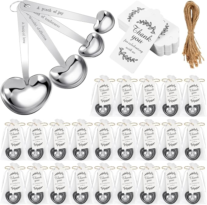 Umigy 12 Set Heart Shaped Measuring Spoon Tea Spoons Wedding Baby Shower Favors for Guests Set Heart Shape Drawstring Organza Bag Gift Tag Rope for Wedding Bridal Shower Souvenir (Silver)