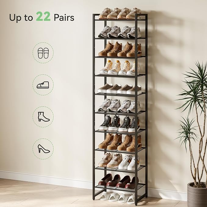 Nunsino Narrow Shoe Rack, 10-Tier Metal Shoe Organizer,Tall Shoe Shelf with Anti-Tip Strap, Max Holds 22 Pairs,Space Saving for Closet,Entryway,Black