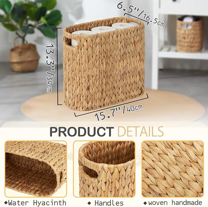 Toilet Paper Storage for 9 Rolls, Water Hyacinth Wicker Toilet Paper Storage Holder, Toilet Paper Basket with Built-in Handles