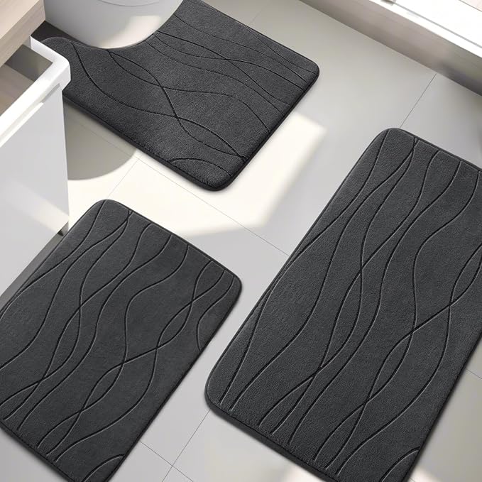 YIHOUSE Memory Foam Bathroom Rug Set, 3 Pieces - Dark Grey (Ultra Soft, Absorbent, Non-Slip, Machine Washable) | Ultra Soft, Absorbent, Non-Slip, Machine Washable, for Bathroom, Sink and Toilet