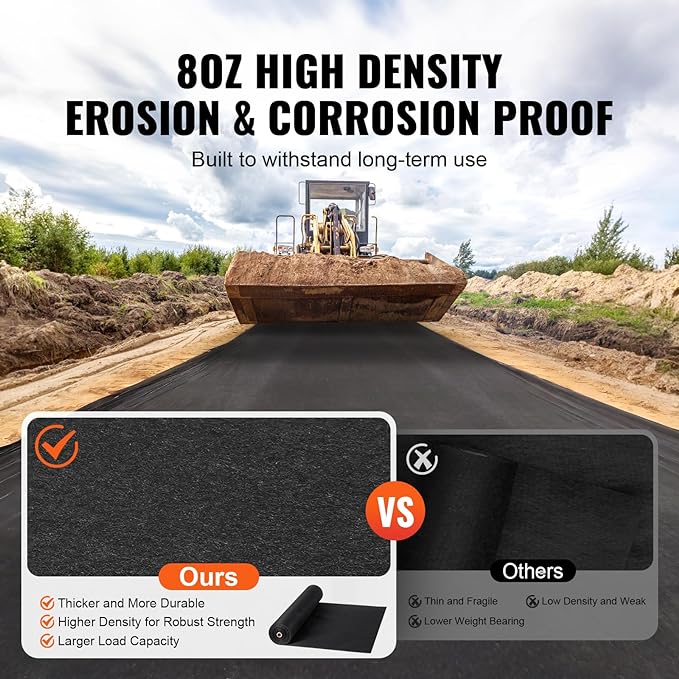 VEVOR 6FTx100FT Non-Woven Geotextile Heavy Duty 8oz Driveway Underlayment for Gravel, Ground Cover, Garden Weed Barrier, Drainage Fabric, Landscaping, Black | 350N Tenacity & 440N Load Capacity, Weed Barrier Fabric, Landscaping Fabric for French Drain,...