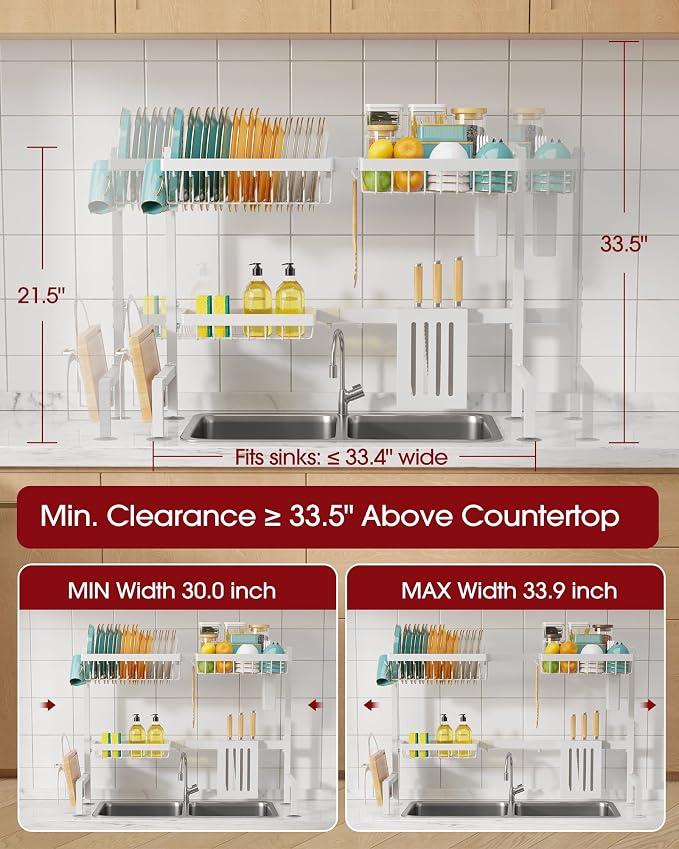 Sakugi Over The Sink Dish Drying Rack - Adjustable 2 Tier Large Capacity Stainless Steel Drainer with Cutlery & Utensil Holders, Kitchen Storage & Organization, 30"-33.9" L x 11" W x 21.5" H, White