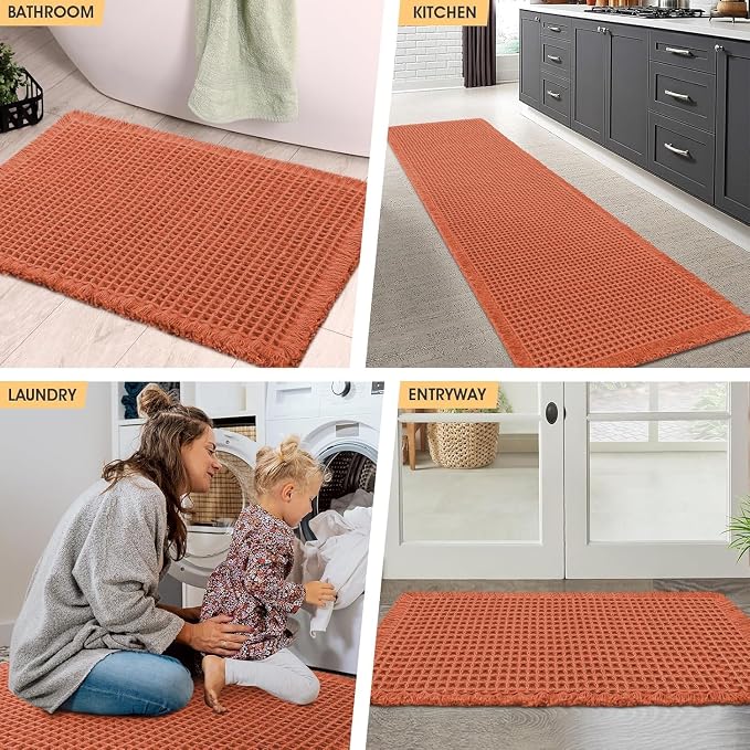 IM HOME Waffle Bath Mat Set 2 Piece Burnt Orange,Woven Modern Bath Rug Mats, Absorbent Non Slip Bath Floor Mat, Soft Washable Boho Bath Rugs with Tassels for Bathroom, Bedroom, Kitchen, Tub