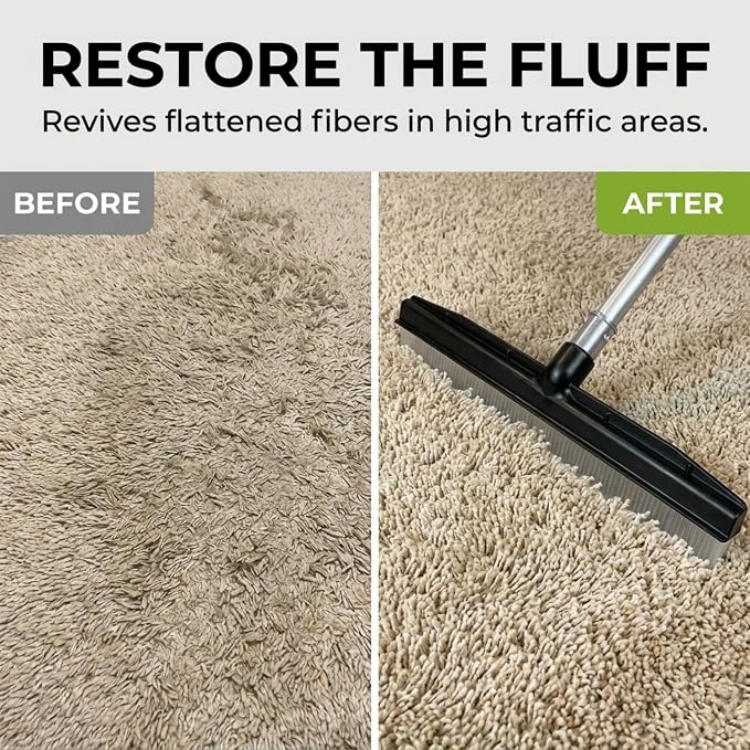Room Groom Carpet Rake and Groomer with Telescoping 54 Inch Adjustable Handle, Portable Design, Carpet Brush Ideal for Pet Hair, Refreshing High Pile Carpets, Rugs, and Artificial Turf