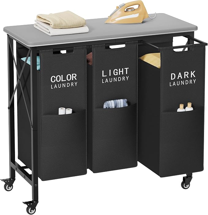 Gewudraw 3 Section Laundry Sorter with Ironing Board, Black | Laundry Sorter with Removable Bags, Heavy-Duty Rolling Laundry Cart, Lockable Wheels, For Bathroom, Bedroom