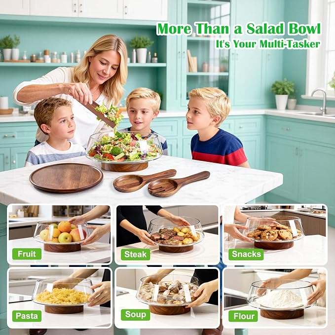 Extra Large Glass Salad Bowl with Lid Set, 5-Qt (160 fl oz) Mixing/Serving Bowl with Wood Base & Salad Servers, Trifle Bowl for Kitchen, Parties & Christmas