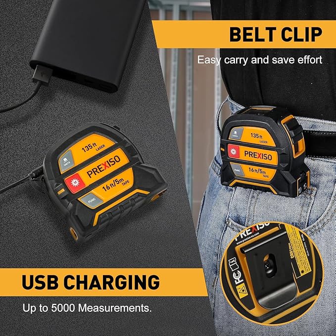 PREXISO 2-in-1 Laser Tape Measure, 135Ft Rechargeable Measurement Tool & 16Ft Measuring Movable Magnetic Hook - Pythagorean, Area, Volume, Ft/Ft+in/in/M Unit NOT Digital