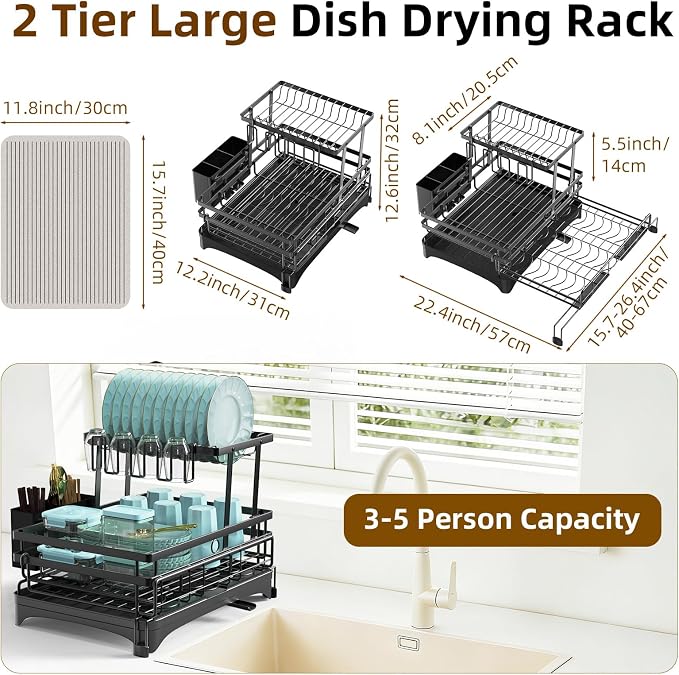 AULEEP 2-Tier Foldable Dish Drying Rack for Kitchen Counter Over the Sink | Expandable Anti-Rust Large Drainers 2-in-1 Pull Out Design with Drying Mat, Cups & Kitchen Utensil Holder