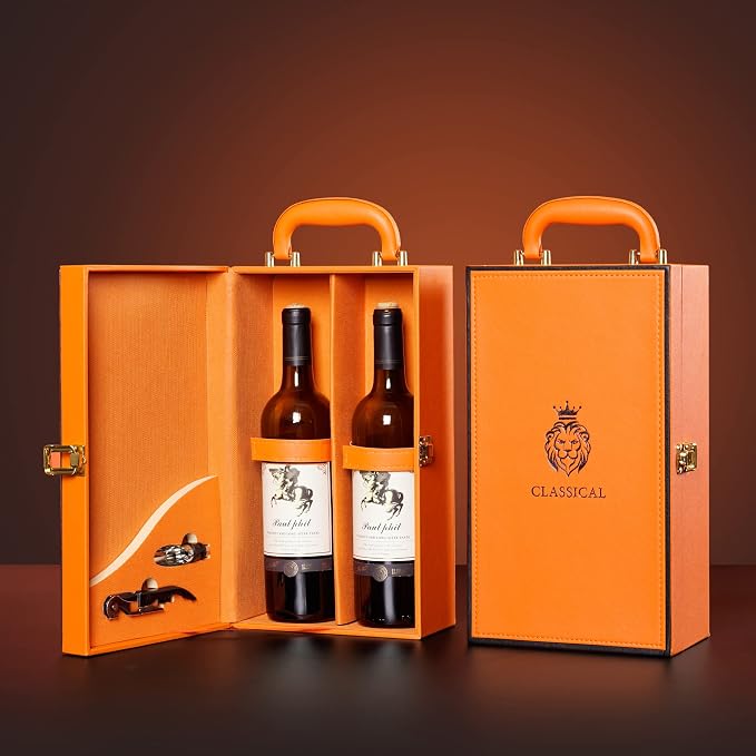 Wine Box with 2 Bottle Leatherette Top Handle Premium Wine Carrier Case Orange