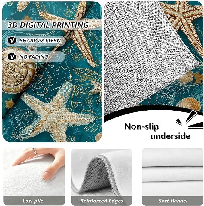 Seashell Starfish Conch Hallway Washable Runner Rug 2x7, Retro Ocean Kitchen Runner Rug Soft Non Slip Low Pile Floor Mat, Peacock Green Carpet for Entryway Corridor Laundry Bedside Rugs