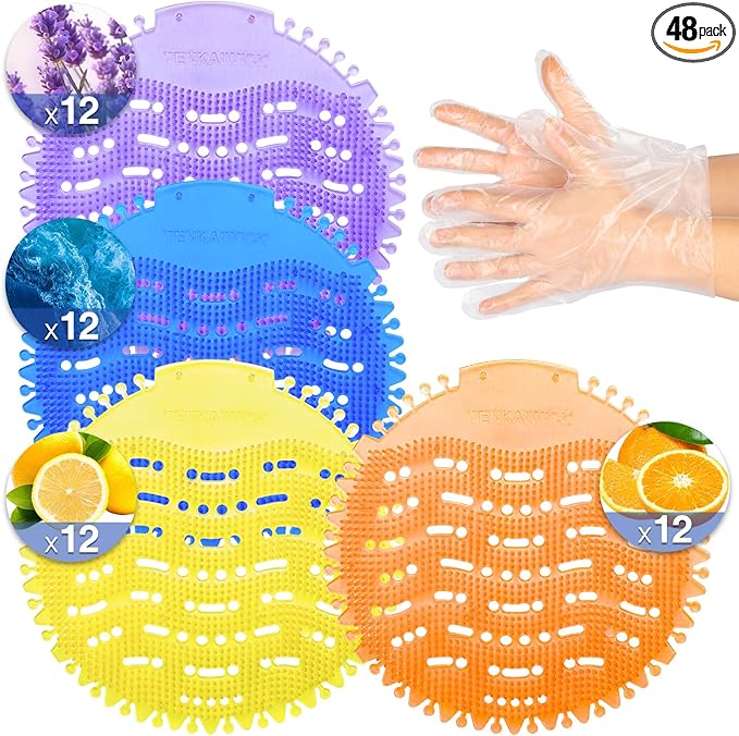 48 PACK Urinal Deodorizer Screen with 100 Gloves-3D Wave Anti-Splash Odor Protection Urinal Cakes for Men Toilets, Four Scents Urinal Mats