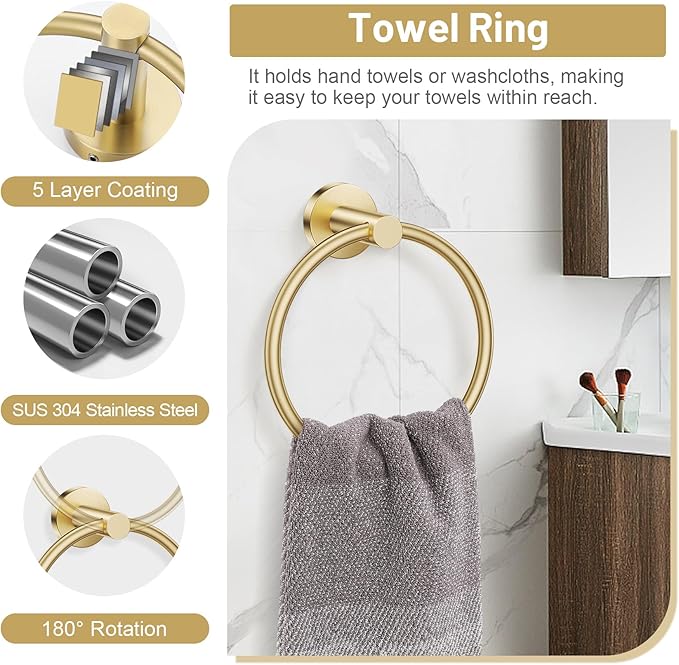 Lairuier Brushed Gold Towel Holder Set Include Double Bases Toilet Paper Holder,Towel Ring and 2 Towel Hooks Stainless Steel Wall Mounted Bathroom Hardware Accessories Set