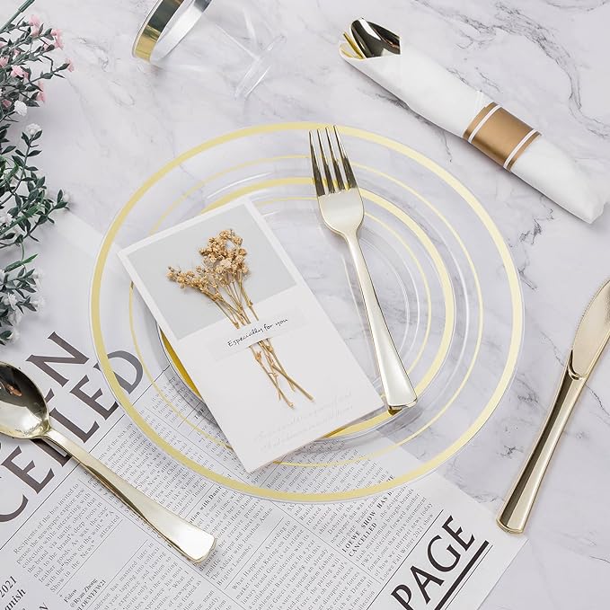 BESTVIP 175PCS Clear Gold Plastic Dinnerware Set, Disposable Party Plates for 25 Guests, Include: 50 Plastic Plates, 25 Pre Rolled Napkins with Silverware, 25 Cups for Christmas, Halloween