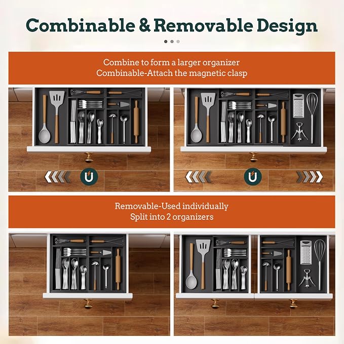 Silverware Organizer Large, Magnetic Connected Expandable 13 Slots Silverware Drawer Organizer From 21 to 37.4 Inches, Adjustable Flatware and Cutlery Holder, Bamboo Utensil Tray for Kitchen Black