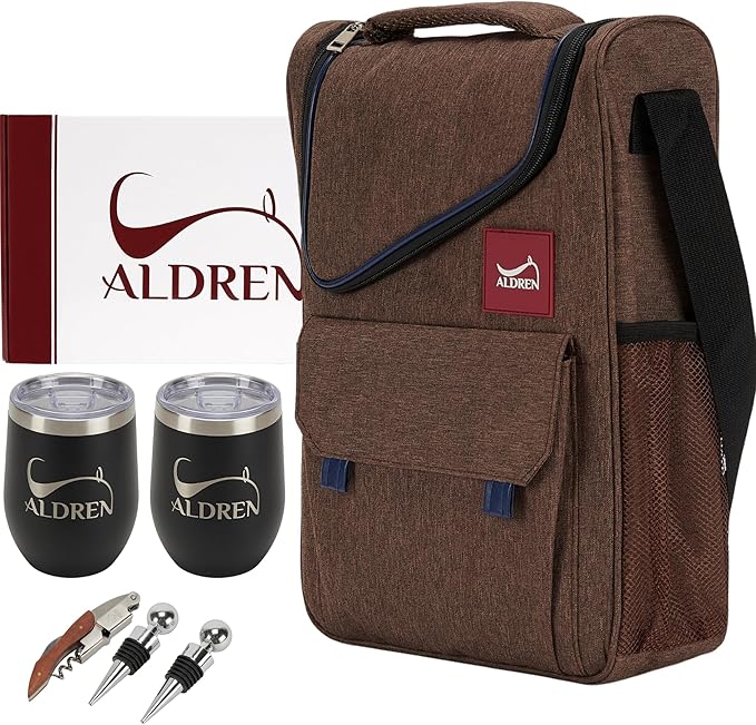 Insulated Wine Cooler Bag Set – 3 Bottle Wine Travel Tote or 2 Bottles with 2 Tumblers – Thermal Wine Carrier with Corkscrew & Stoppers for Picnic and Wine Gifts
