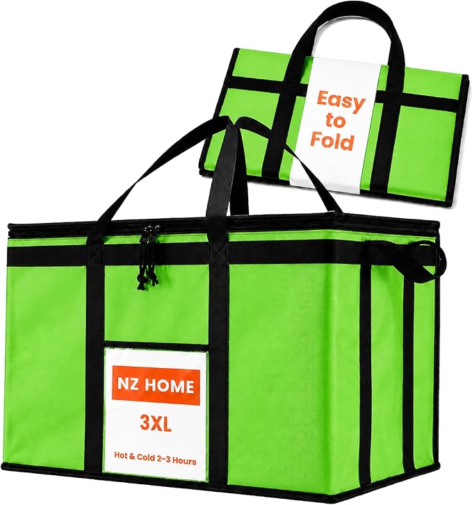 Insulated Food Bag, Portable Cooler Tote (3XL, Green, 1 Pack) | Large thermal bag, For cold & hot food, Soft sided cooler, Heavy duty carrier, Grocery shopping, Food delivery, Catering bag