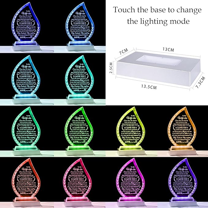 QIANWEI Mothers Day Gifts for Wife I Love You for Her Glass Plaque Keepsake Wife Romantic Gifts from Husband Anniversary Birthday Christmas Presents for Women with Colorful Led Base