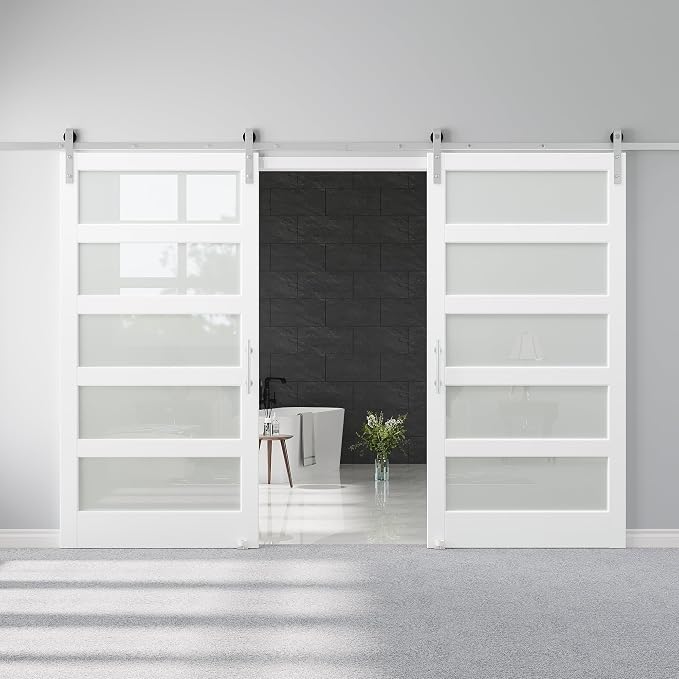 84" x 84" Double Barn Door and 14FT Brushed Nickel Hardware Kit, Sturdy & Stable Mortise and Tenon Structure, Water Resistant 5-Lites Glass Barn Doors for Bathroom, Pre-Drilled, Assembly Required