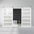 84" x 84" Double Barn Door and 14FT Brushed Nickel Hardware Kit, Sturdy & Stable Mortise and Tenon Structure, Water Resistant 5-Lites Glass Barn Doors for Bathroom, Pre-Drilled, Assembly Required