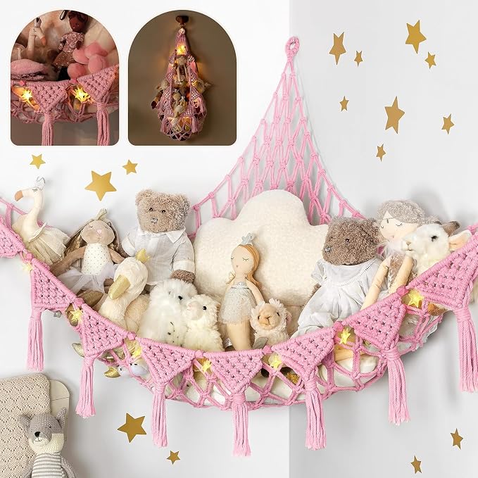TIDYTEDS Stuffed Animal Hammock Corner | Sturdy Handcrafted Stuffed Animal Net | 4mm Double Macrame Cord Stuffed Animal Holder | Natural 100% Cotton Plushie Net | Toy Hammock w/LED Light (Pink)
