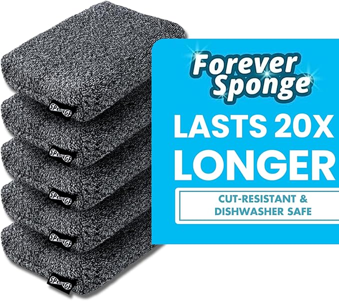 Grill Rescue Heavy Duty Kitchen Sponge - Lasts 20x Longer, Scratch-Free, Safe for Non-Stick Cookware - Cut Resistant, Versatile Household, Bathroom & Outdoor Cleaning Supplies (5, Grey)