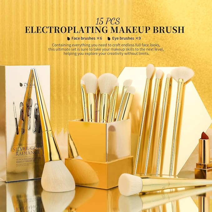 DUcare 15 Piece Professional Makeup Brush Set | Silver-Gold Radiance Synthetic Brushes for Full Face Eye, Complete Cosmetic Kit with Reusable Storage Holder