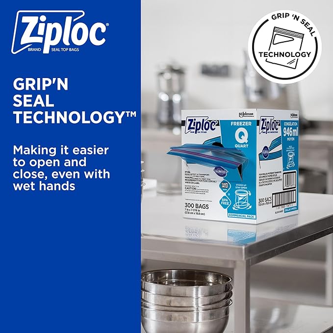 SC Johnson Professional Ziploc Quart Food Storage Freezer Bags, Grip 'n Seal Technology for Easier Grip, Open, and Close, 300 Count