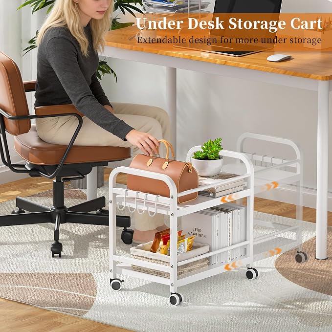 DAOUTIME 2-Tier Expandable Rolling Cart, Pantry Storage Cart with Wheels, Adjustable Rolling Pantry Floor Organizer, Metal Under Desk Cart, Sturdy Can Storage & Snack Organizer for Kitchen Pantry