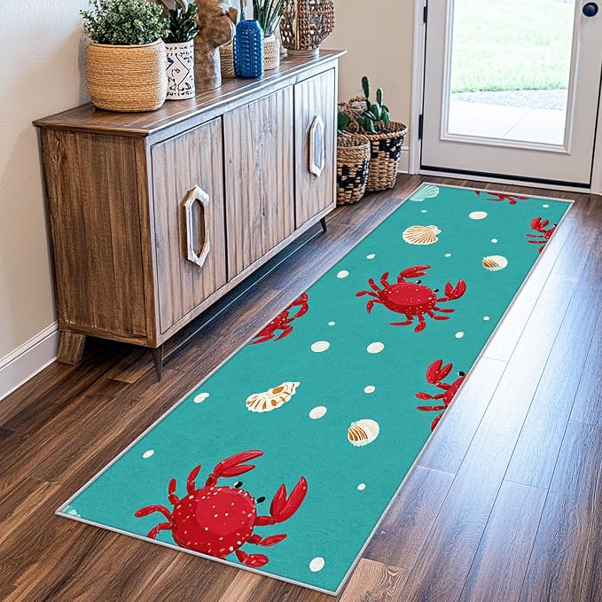 3x8 Kids Crab Runner Rug for Hallway, Washable Marine Life Rug Runner Non Slip, Nautical Seashell Home Decor Carpet for Kitchen, Bedroom, Entryway, Laundry Room, Ultra Thin Soft H265