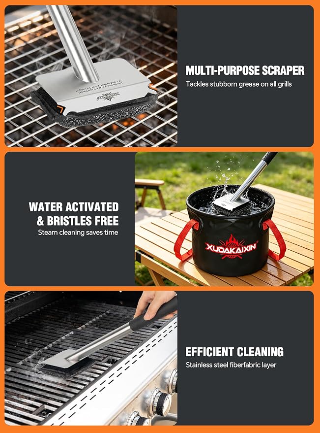 Bristle-Free Steam Grill Brush with 5 Replacement Pads – No Bristle Shedding. Unique Steel Fibers Pads Efficiently Deep Clean All Kinds of Grills. A Safe Outdoor Grill Cleaner. Gift for Men/Dad.